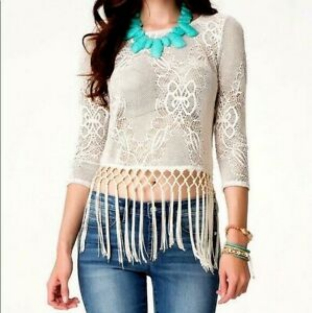 Bebe Boho Fringe Crochet Top